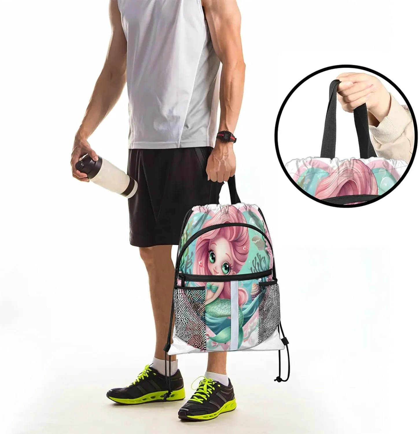 Blue Mermaid Ocean Drawstring Backpack String Bag, Waterproof Sports Gym Swim Sackpack with Mesh Pocket for Men Women