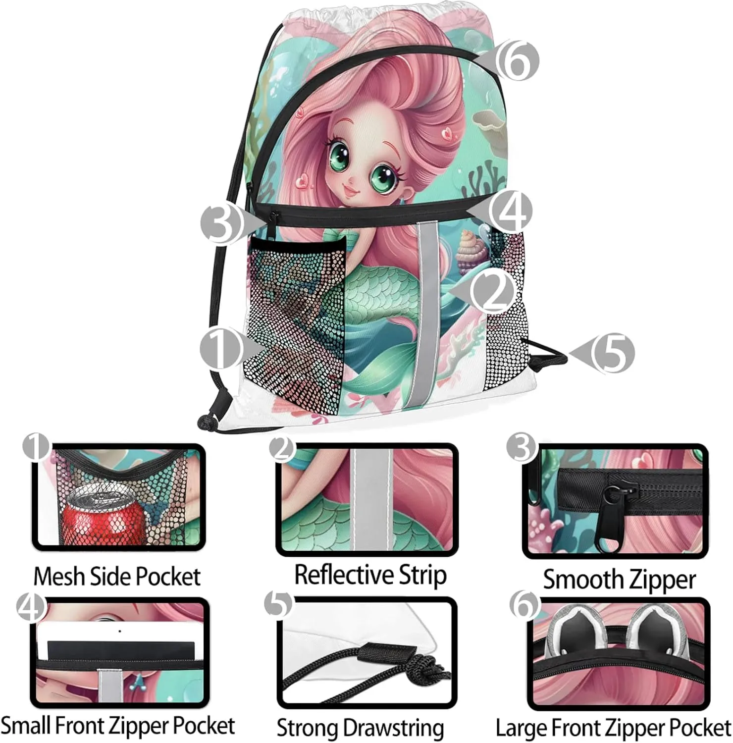 Blue Mermaid Ocean Drawstring Backpack String Bag, Waterproof Sports Gym Swim Sackpack with Mesh Pocket for Men Women