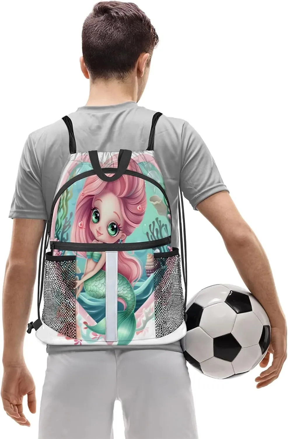 Blue Mermaid Ocean Drawstring Backpack String Bag, Waterproof Sports Gym Swim Sackpack with Mesh Pocket for Men Women