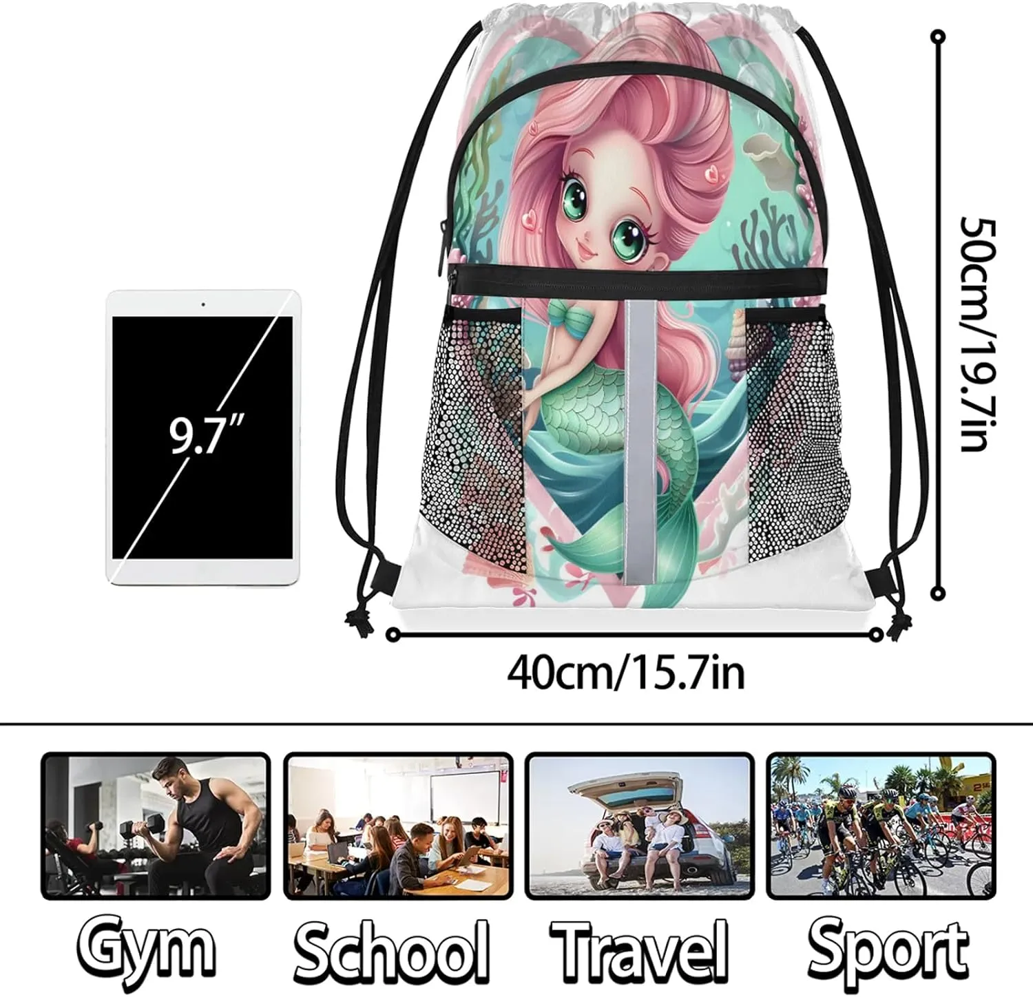 Blue Mermaid Ocean Drawstring Backpack String Bag, Waterproof Sports Gym Swim Sackpack with Mesh Pocket for Men Women