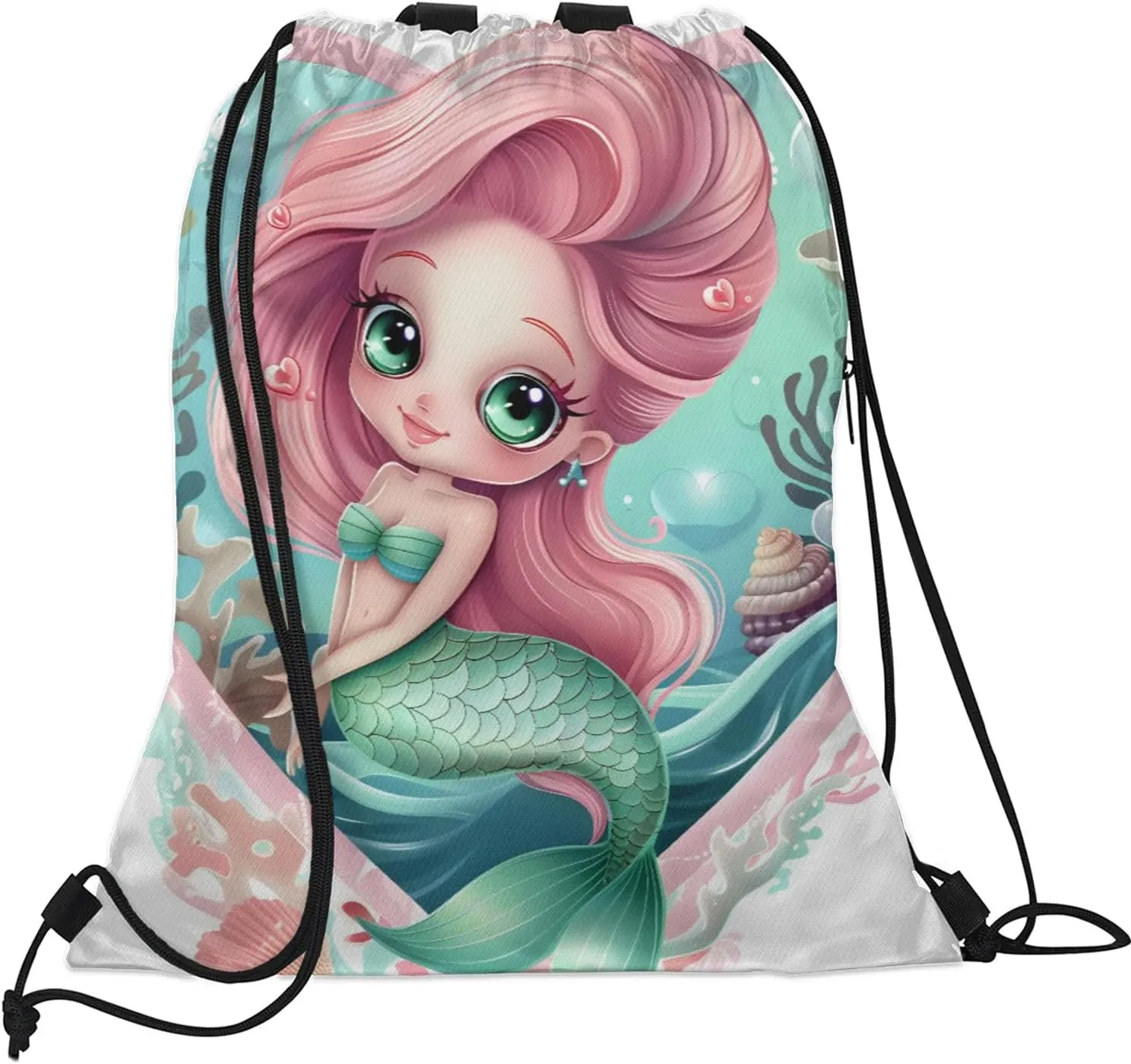 Blue Mermaid Ocean Drawstring Backpack String Bag, Waterproof Sports Gym Swim Sackpack with Mesh Pocket for Men Women