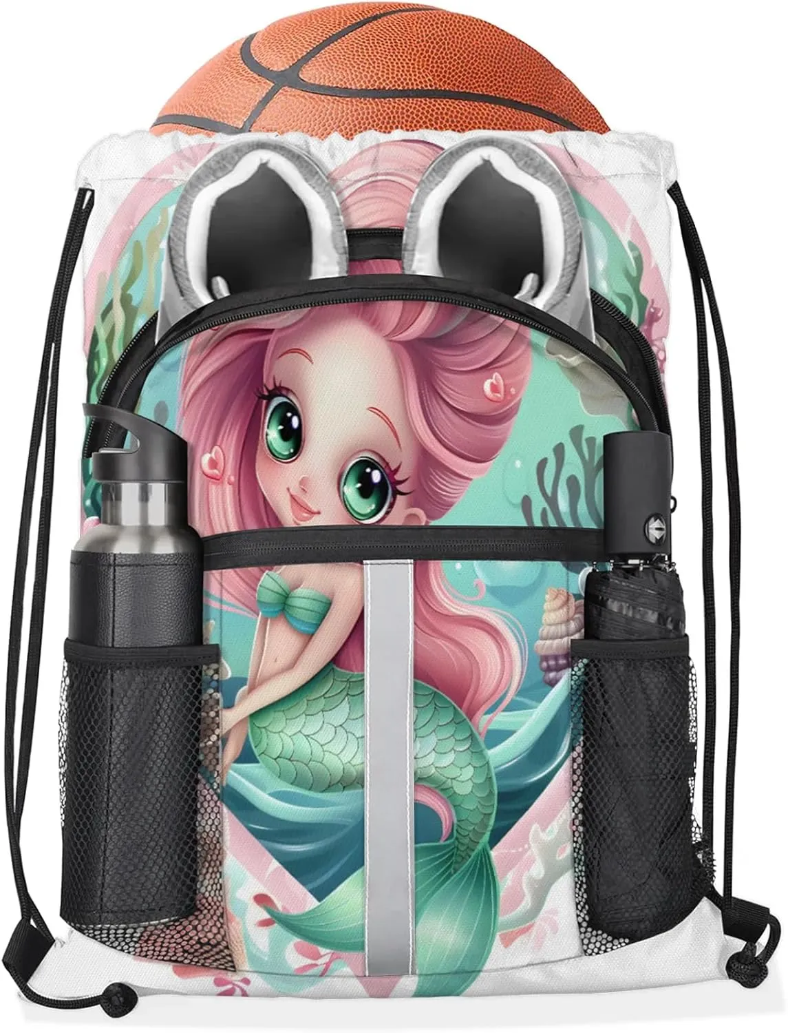 Blue Mermaid Ocean Drawstring Backpack String Bag, Waterproof Sports Gym Swim Sackpack with Mesh Pocket for Men Women