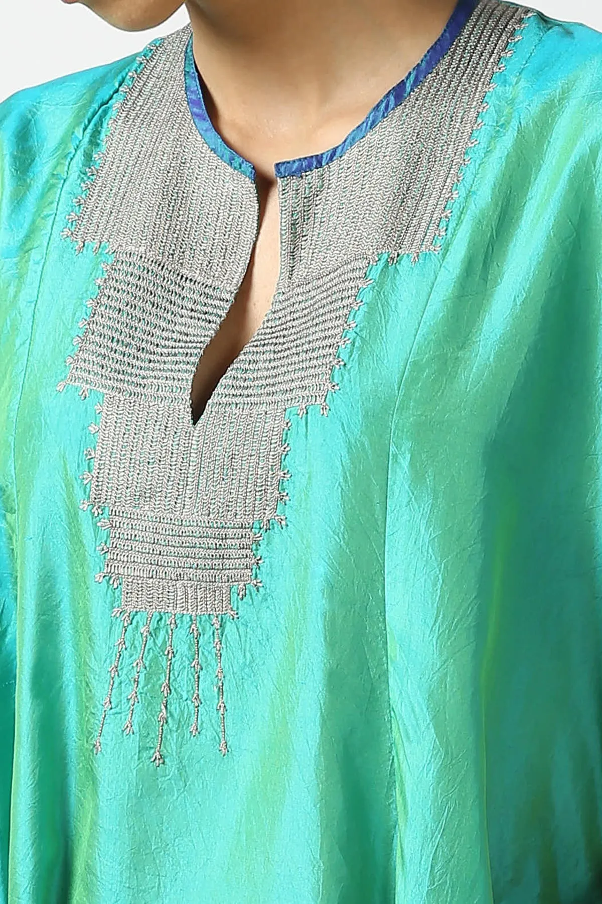 Blue Raw Silk Hand Embroidered Short Phiran Top