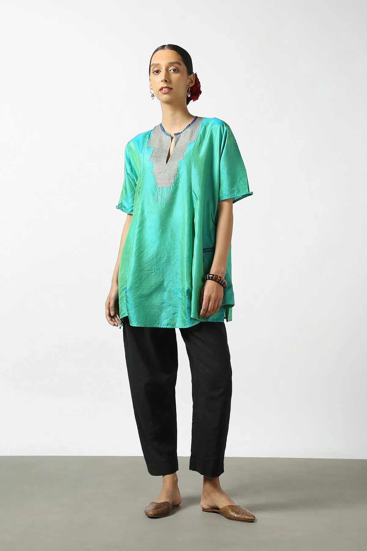 Blue Raw Silk Hand Embroidered Short Phiran Top