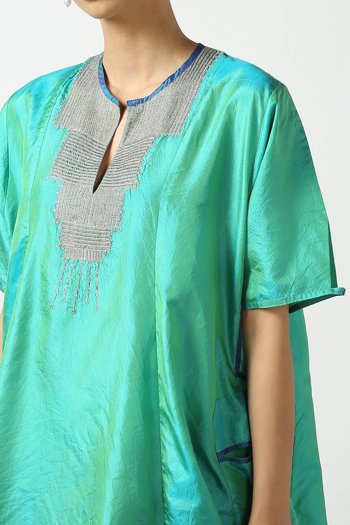 Blue Raw Silk Hand Embroidered Short Phiran Top