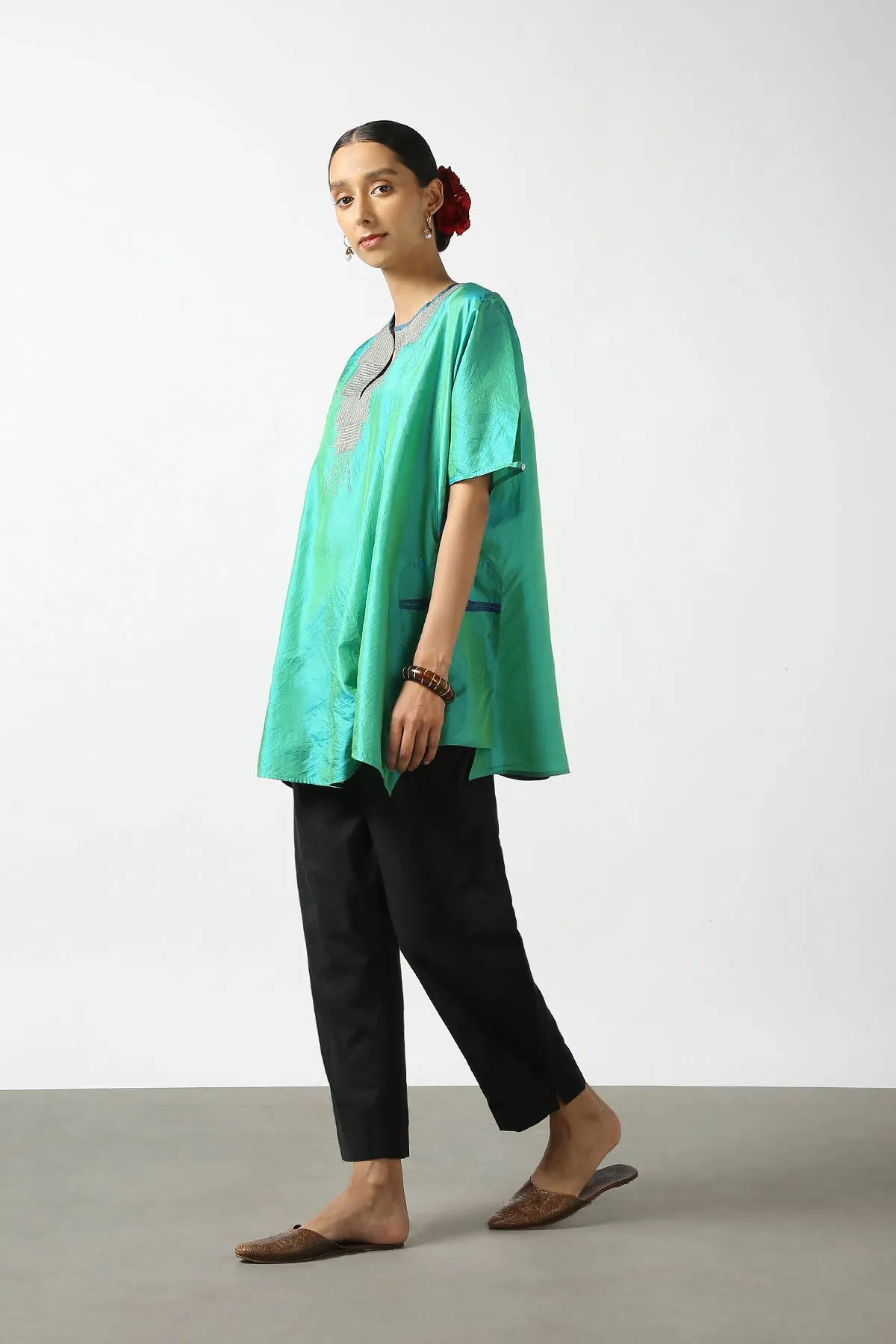 Blue Raw Silk Hand Embroidered Short Phiran Top