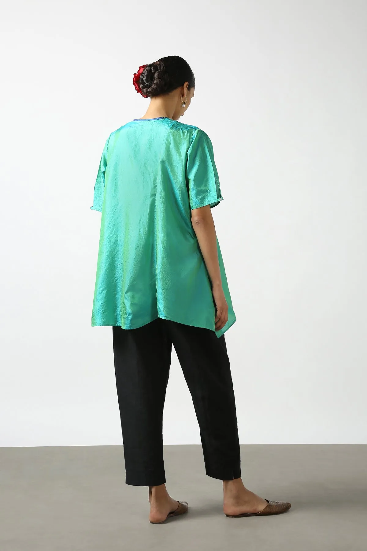 Blue Raw Silk Hand Embroidered Short Phiran Top