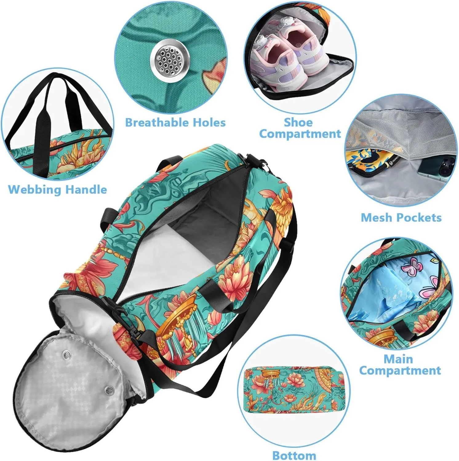 Boys Carry on Duffel Bag Colorful Chinese Dragon Overnight Weekender Duffel Travel Duffle Bags Girls Tote Sports Dance Bag