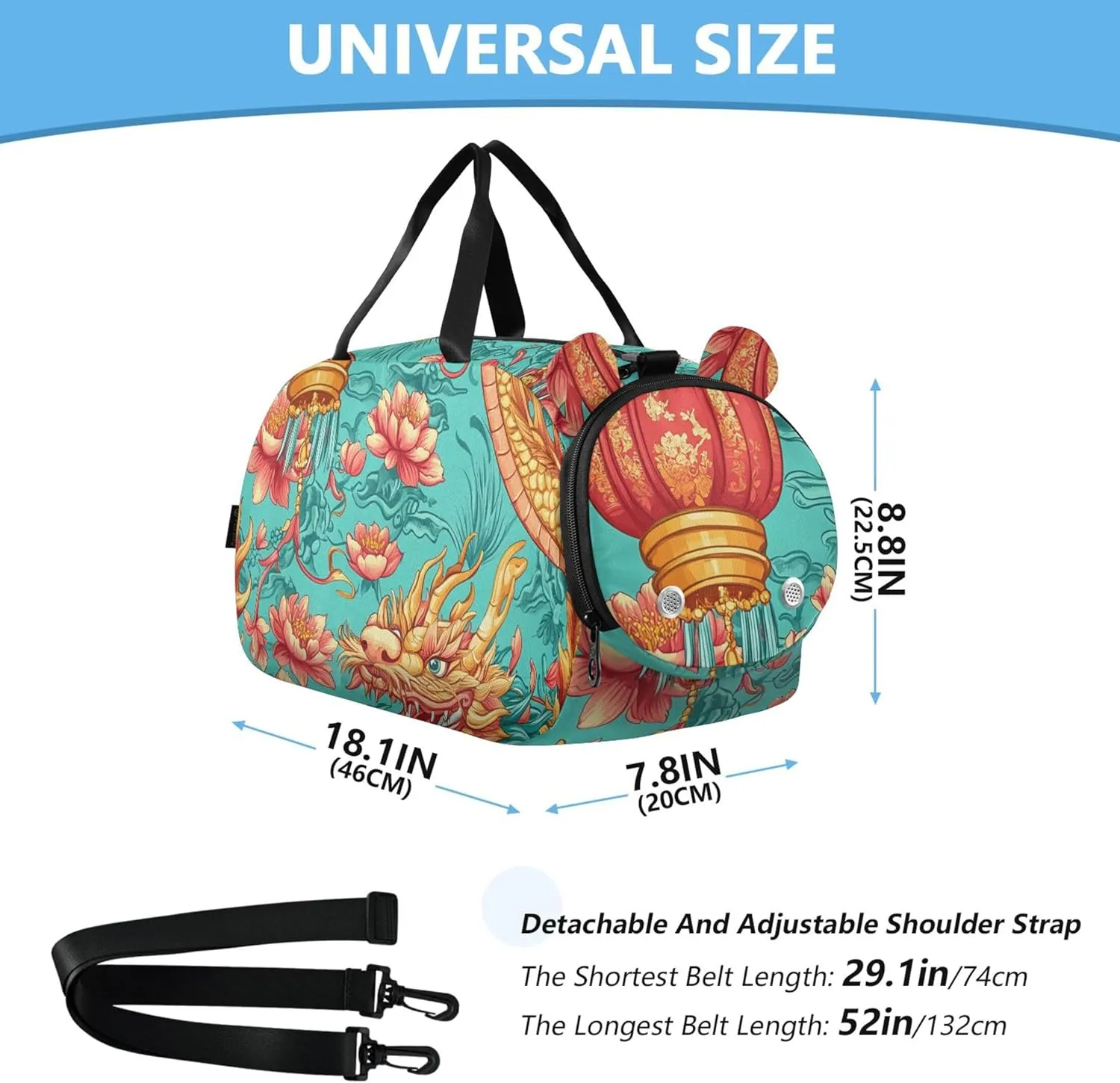 Boys Carry on Duffel Bag Colorful Chinese Dragon Overnight Weekender Duffel Travel Duffle Bags Girls Tote Sports Dance Bag