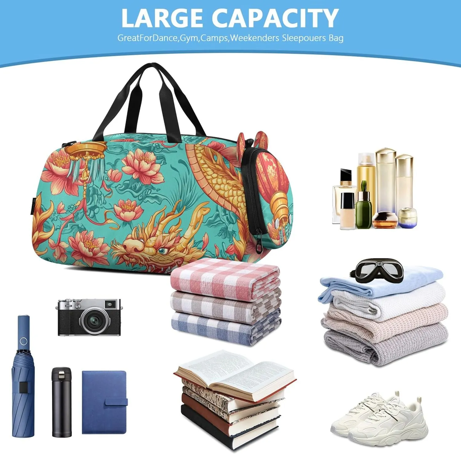 Boys Carry on Duffel Bag Colorful Chinese Dragon Overnight Weekender Duffel Travel Duffle Bags Girls Tote Sports Dance Bag