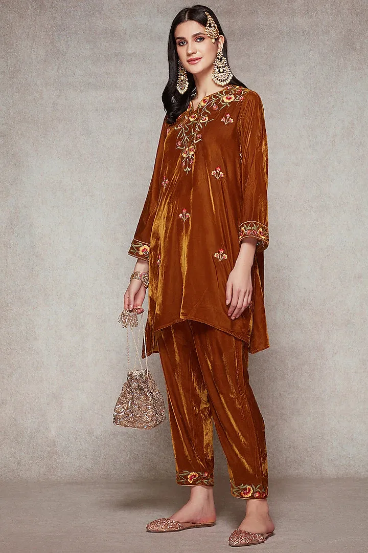 Brown Embroidered Kurta Set