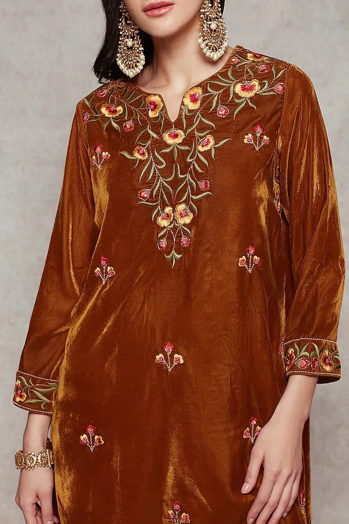 Brown Embroidered Kurta Set