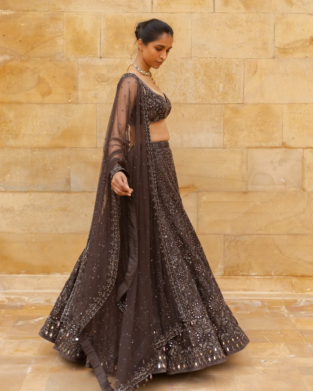 Brown Sequin Embroidered Lehenga Set