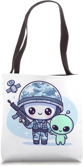 Cute Space Military with Alien Friend and Satellite Tote Bag