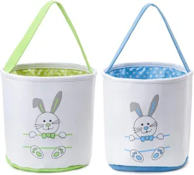 Easter Bucket, Canvas Easter Bunny Basket, Bunny Face Print Basket, Easter Basket with Handle for Easter Egg Hunts for Easter Party Gifts (Blue Green)
