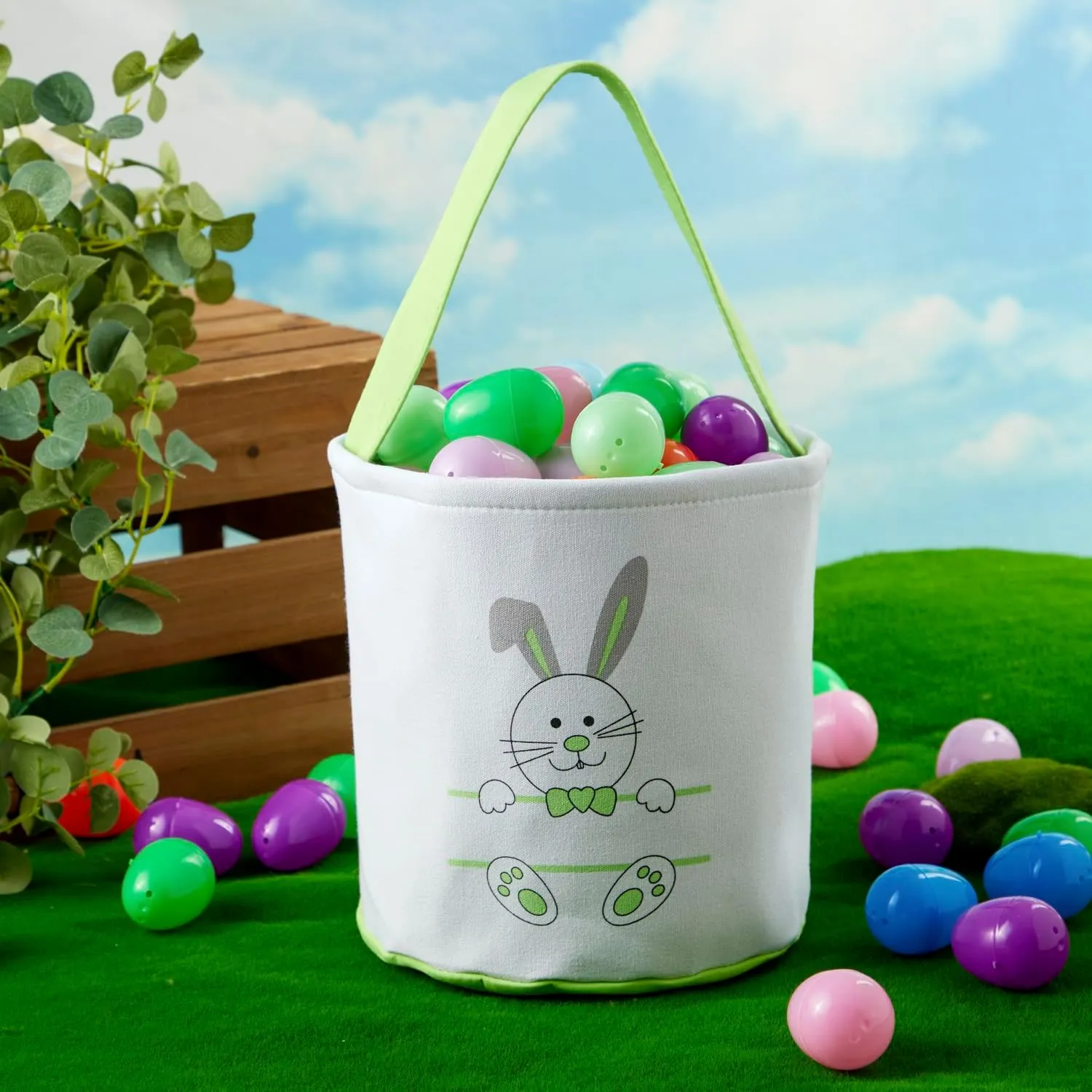 Easter Bucket, Canvas Easter Bunny Basket, Bunny Face Print Basket, Easter Basket with Handle for Easter Egg Hunts for Easter Party Gifts (Blue Green)