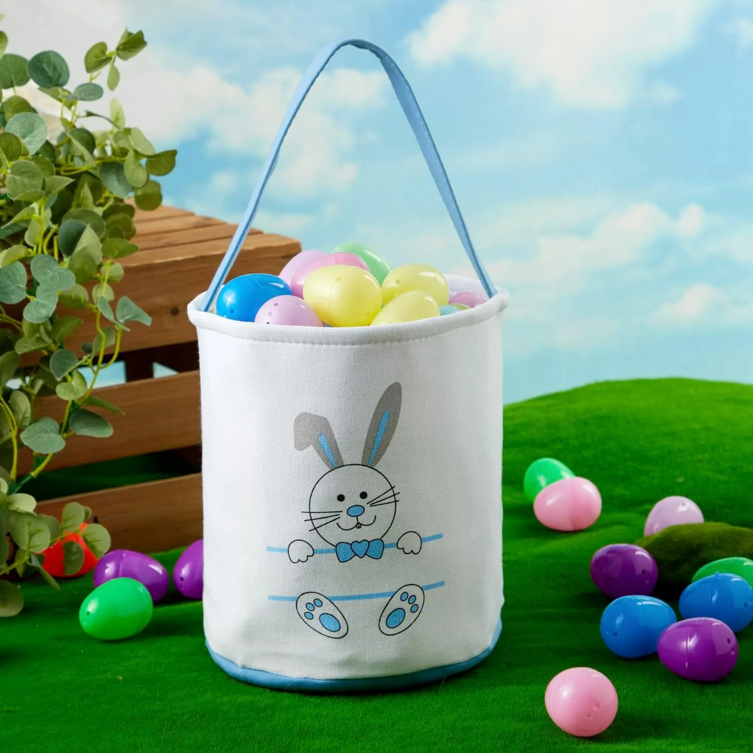 Easter Bucket, Canvas Easter Bunny Basket, Bunny Face Print Basket, Easter Basket with Handle for Easter Egg Hunts for Easter Party Gifts (Blue Green)