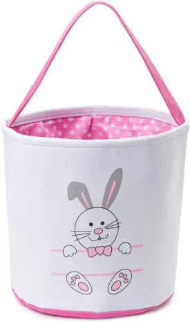 Easter Bucket, Canvas Easter Bunny Basket, Bunny Face Print Basket, Easter Basket with Handle for Easter Egg Hunts for Easter Party Gifts (Pink)