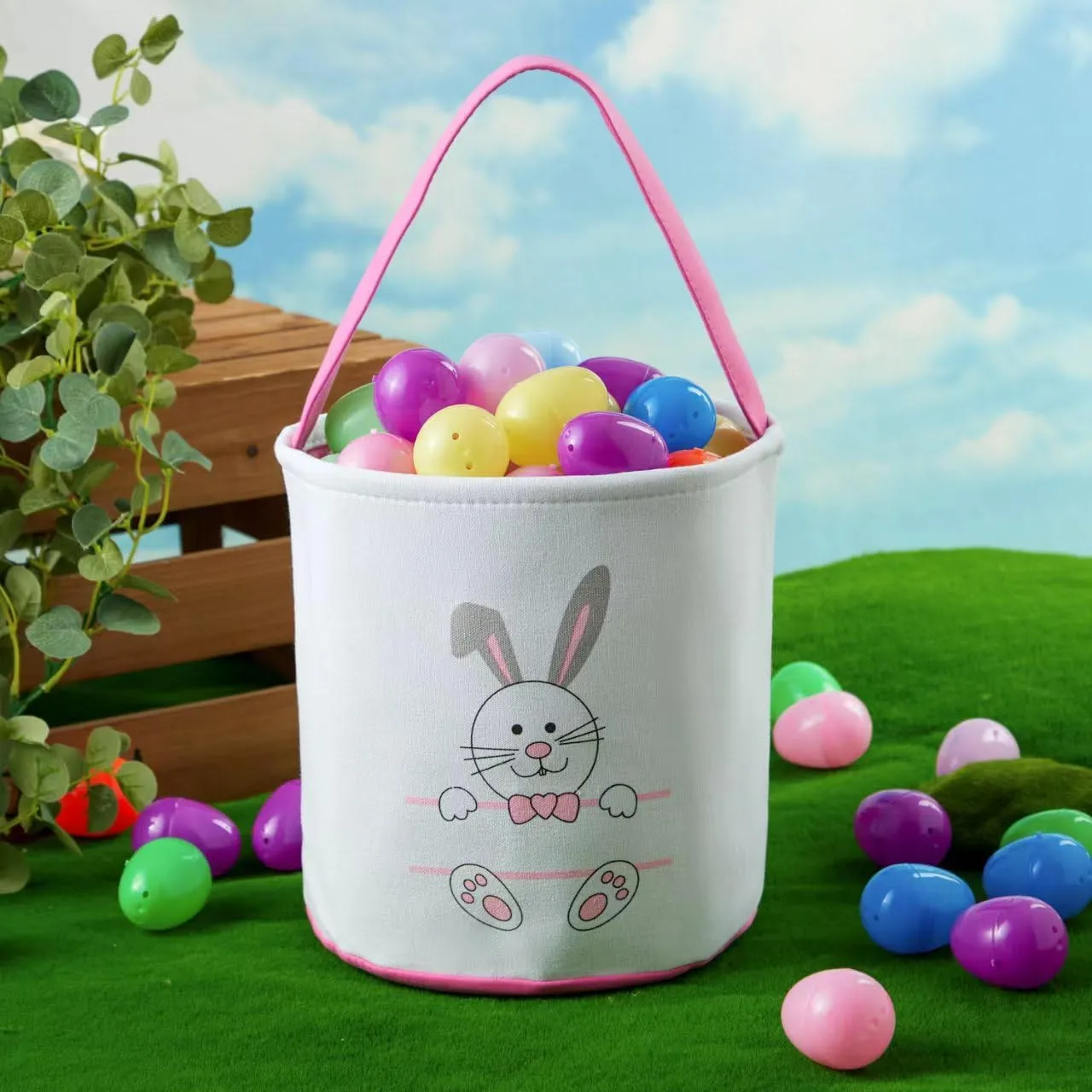 Easter Bucket, Canvas Easter Bunny Basket, Bunny Face Print Basket, Easter Basket with Handle for Easter Egg Hunts for Easter Party Gifts (Pink)