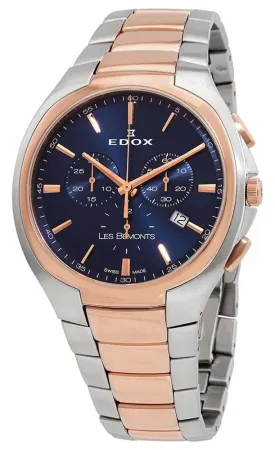 Edox Les Bemonts Chronograph Ultra Slim Two-Tone Stainless Steel Blue Dial Date Quartz Mens Watch 10239-357R-BUIR