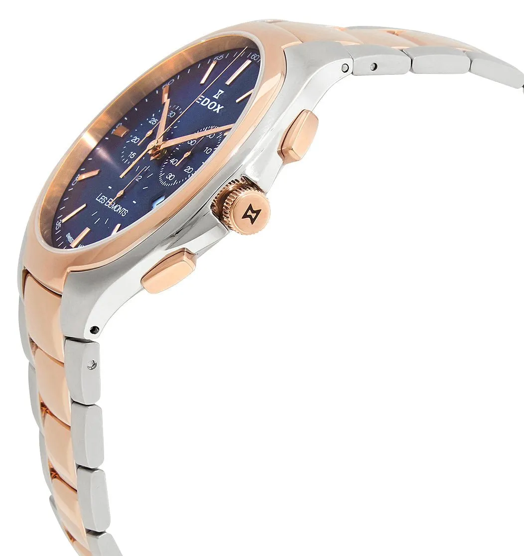 Edox Les Bemonts Chronograph Ultra Slim Two-Tone Stainless Steel Blue Dial Date Quartz Mens Watch 10239-357R-BUIR