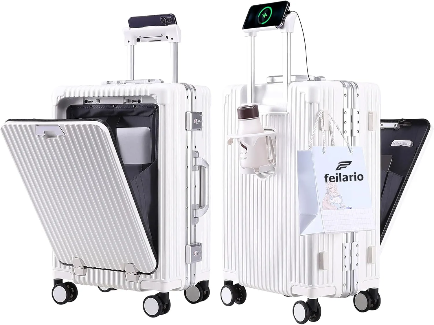 feilario 20in Aluminium Frame Hardside Spinner Wheel Luggage, Built-In TSA lock Carry on Suitcase, with Cup Holder & USB Port & Phone Holder