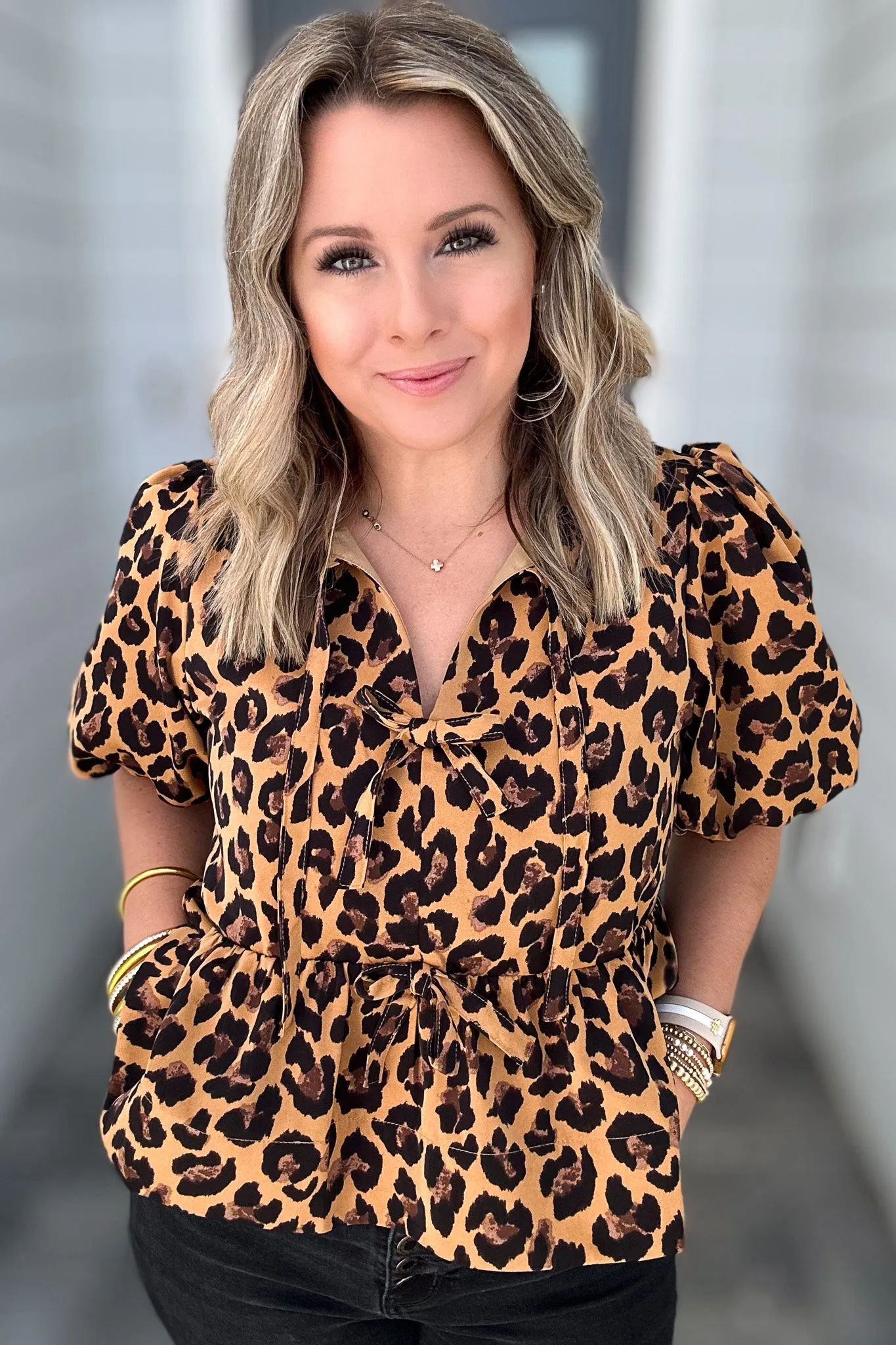 Fierce Feline Bow Blouse - Camel