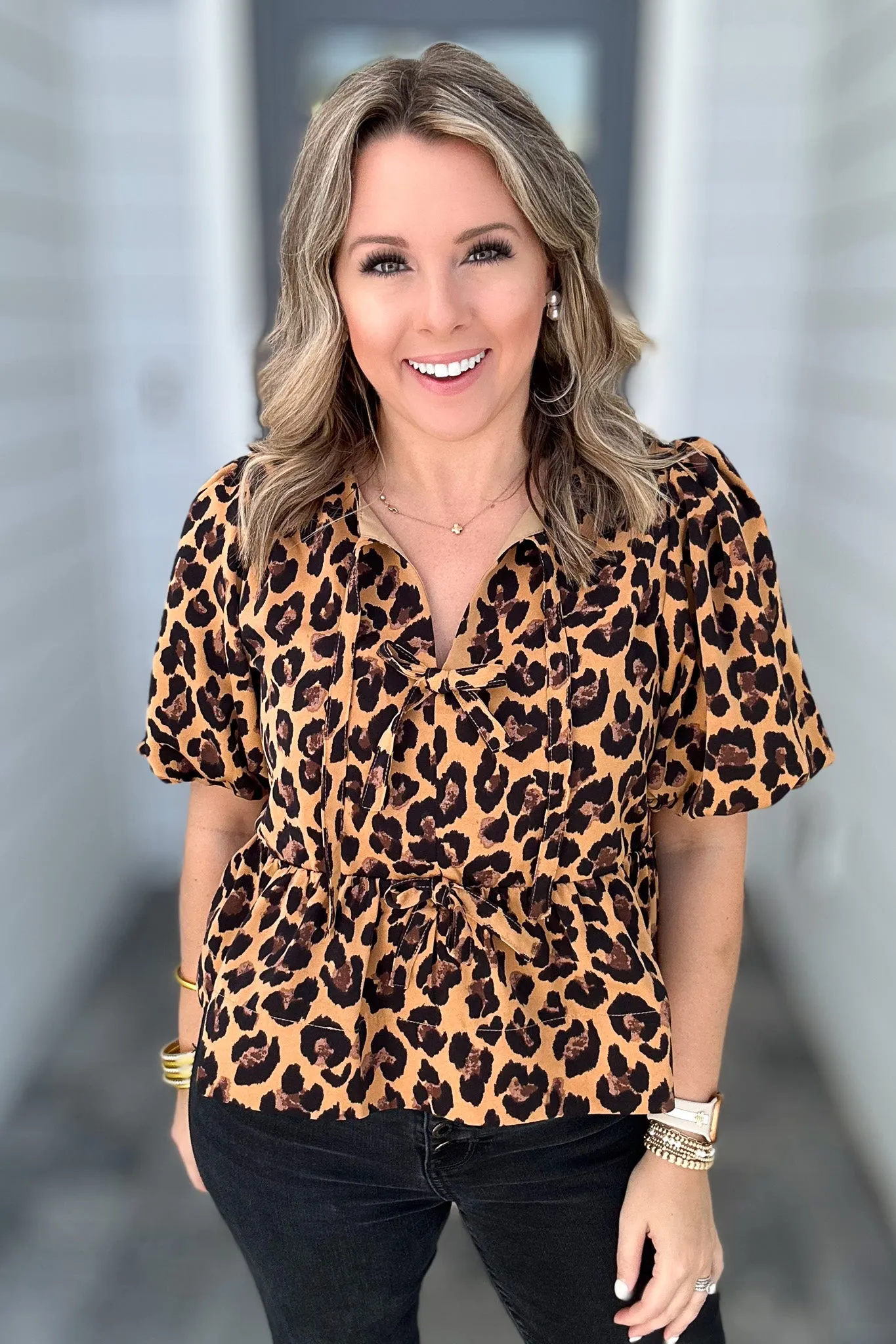 Fierce Feline Bow Blouse - Camel
