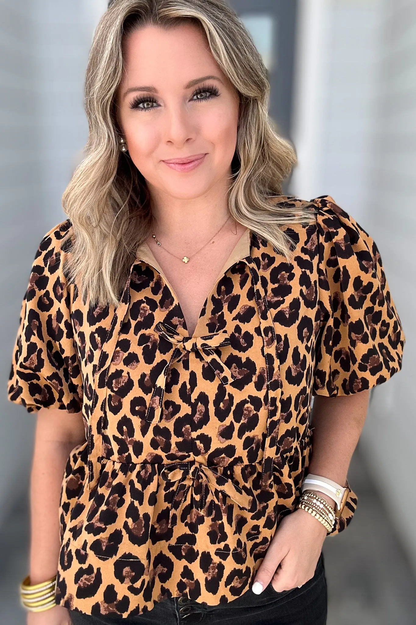 Fierce Feline Bow Blouse - Camel
