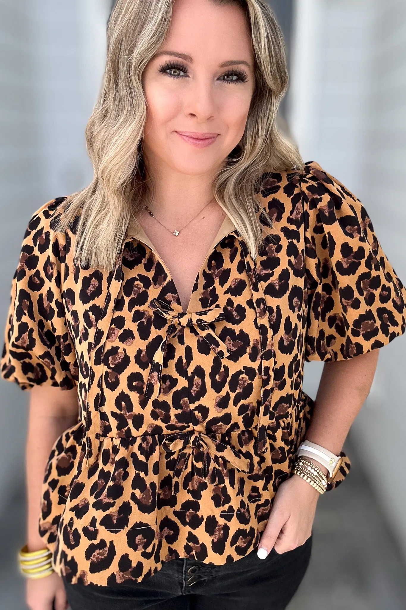 Fierce Feline Bow Blouse - Camel