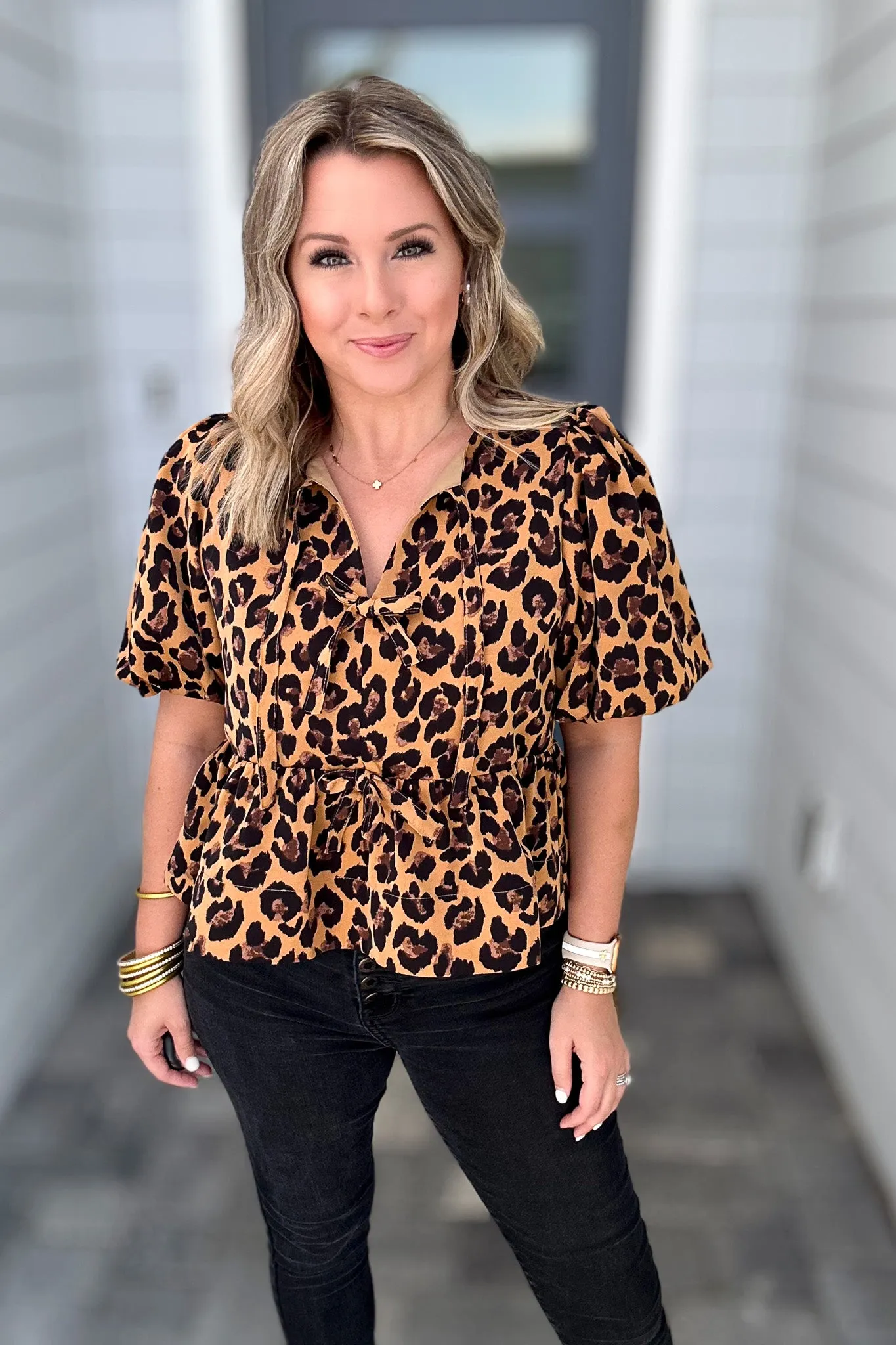 Fierce Feline Bow Blouse - Camel