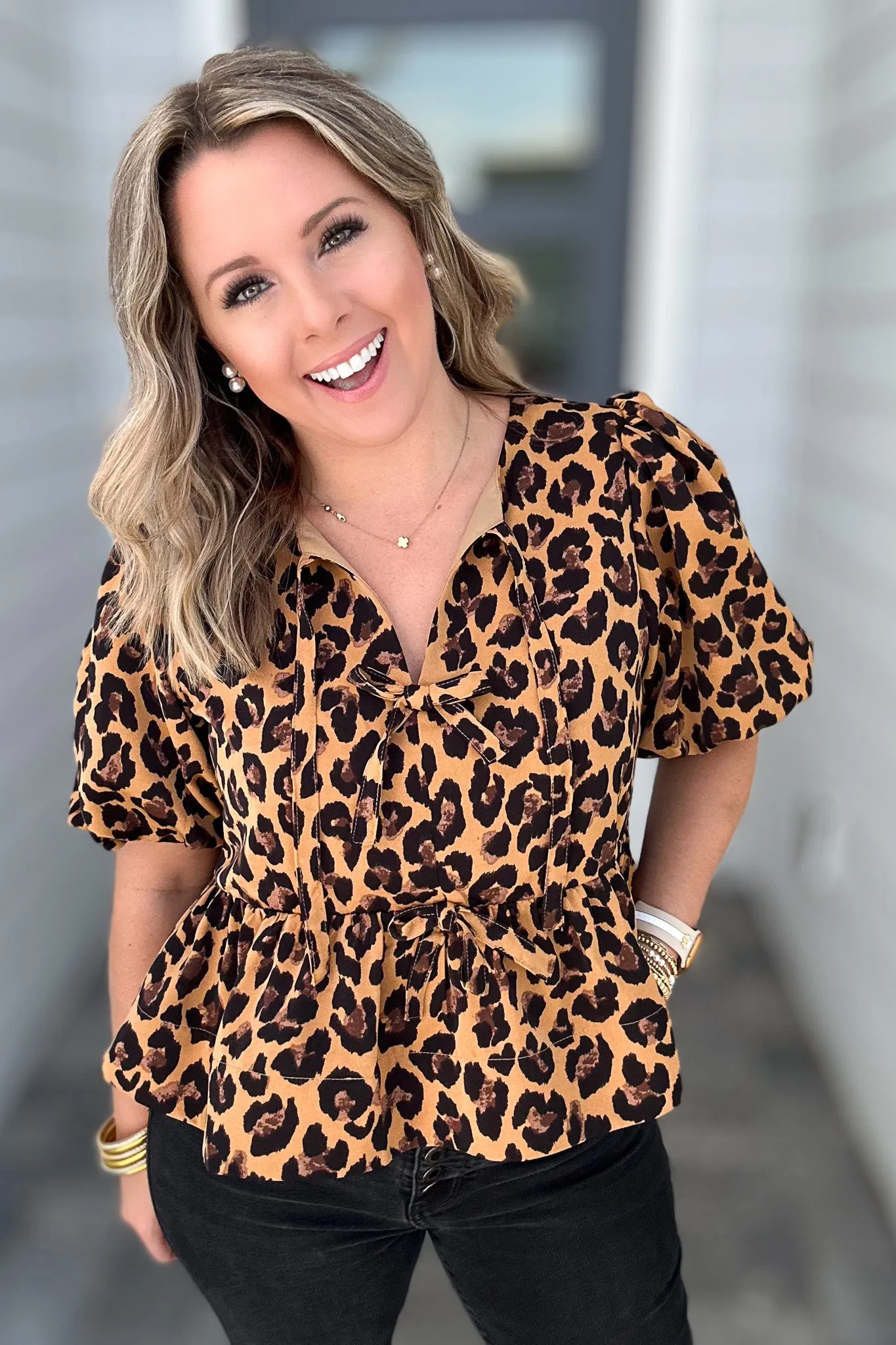 Fierce Feline Bow Blouse - Camel