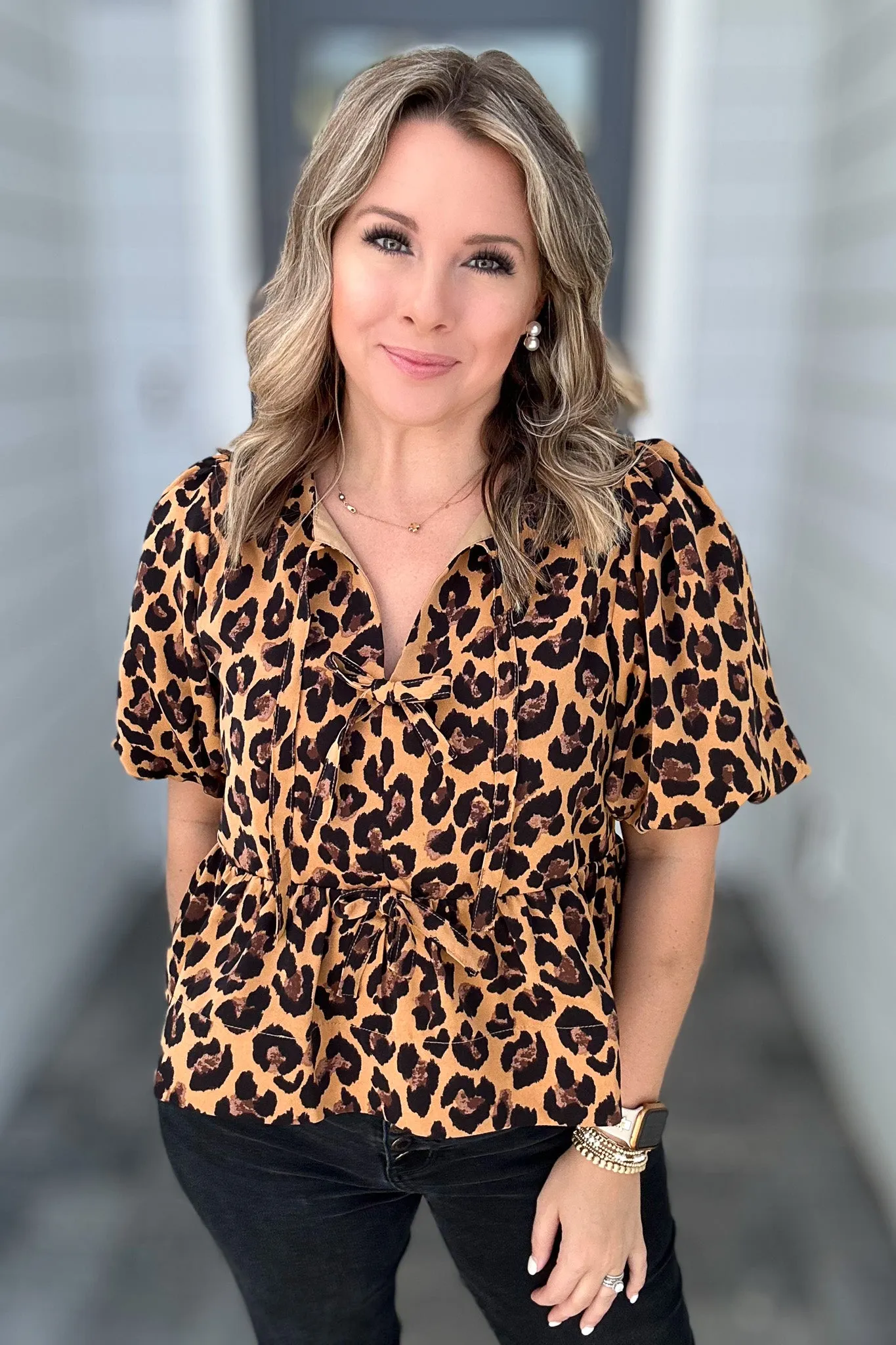 Fierce Feline Bow Blouse - Camel