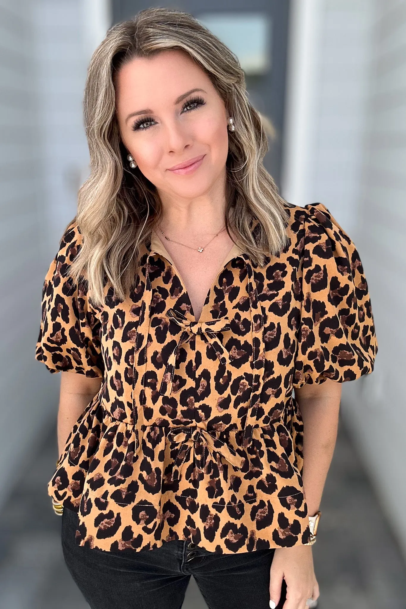 Fierce Feline Bow Blouse - Camel