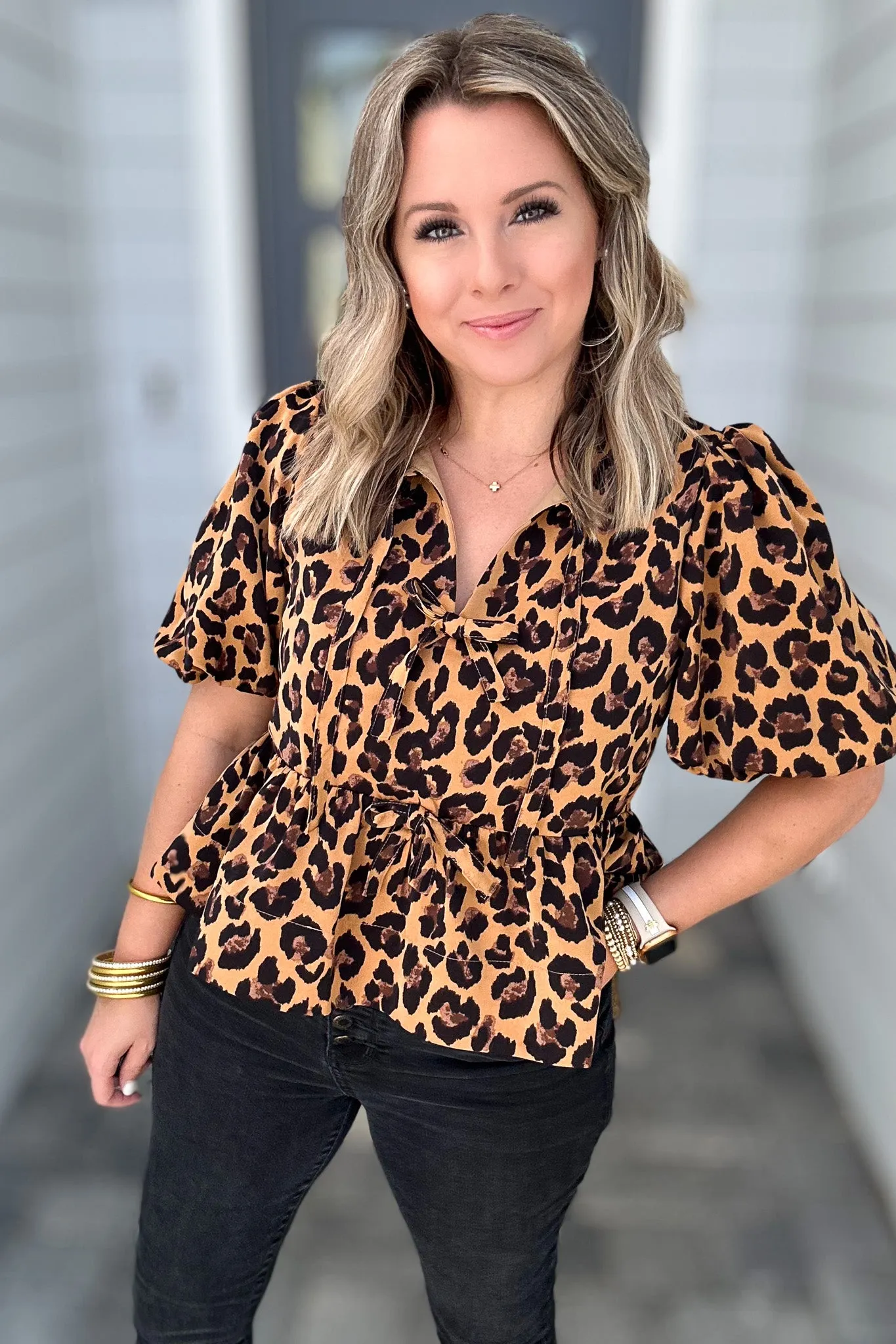 Fierce Feline Bow Blouse - Camel