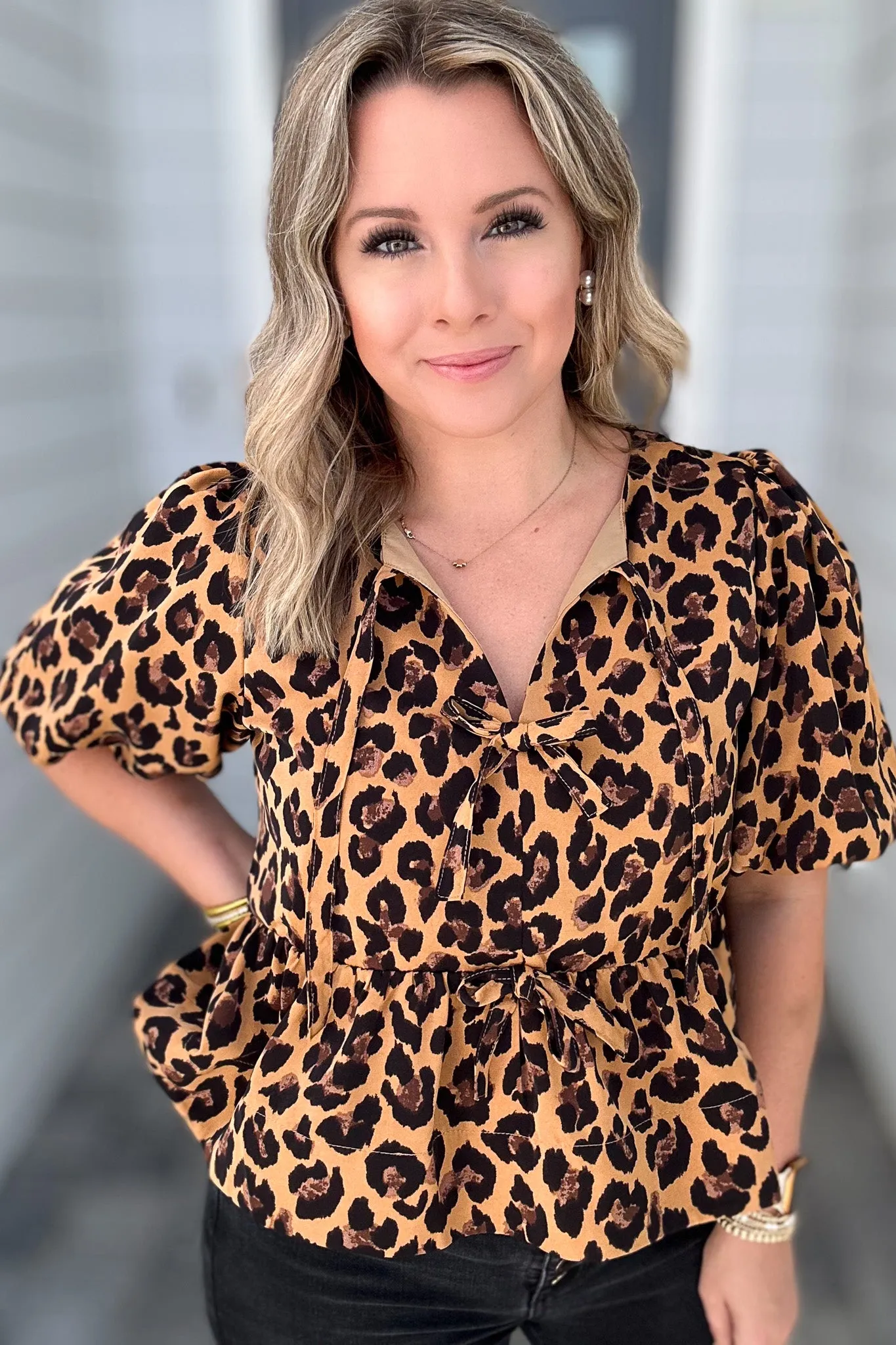 Fierce Feline Bow Blouse - Camel