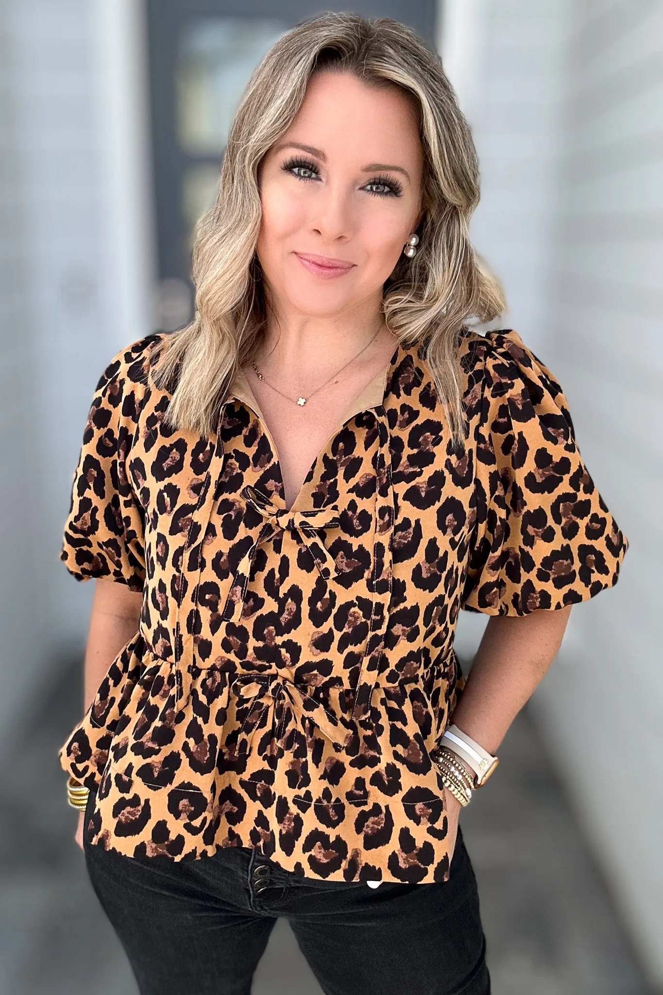 Fierce Feline Bow Blouse - Camel