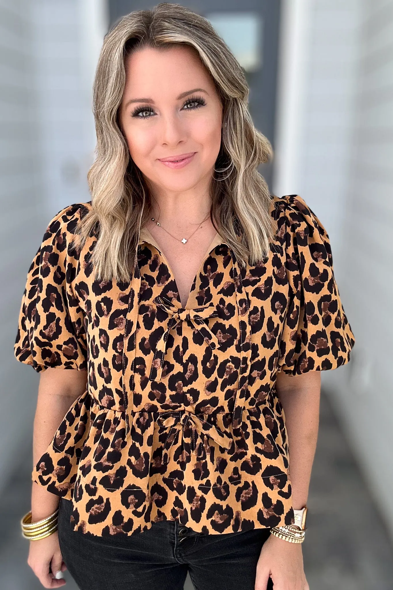 Fierce Feline Bow Blouse - Camel