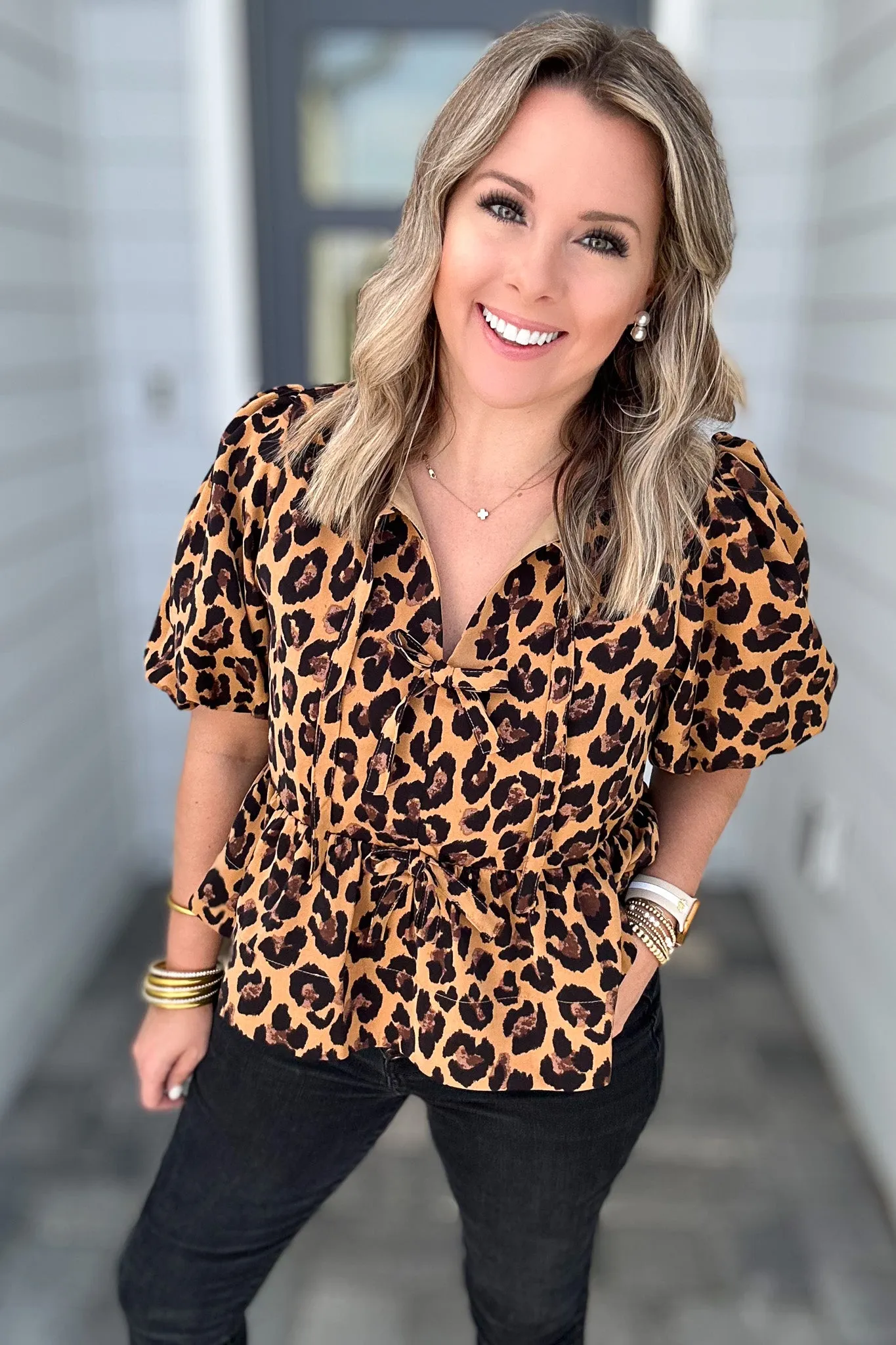 Fierce Feline Bow Blouse - Camel