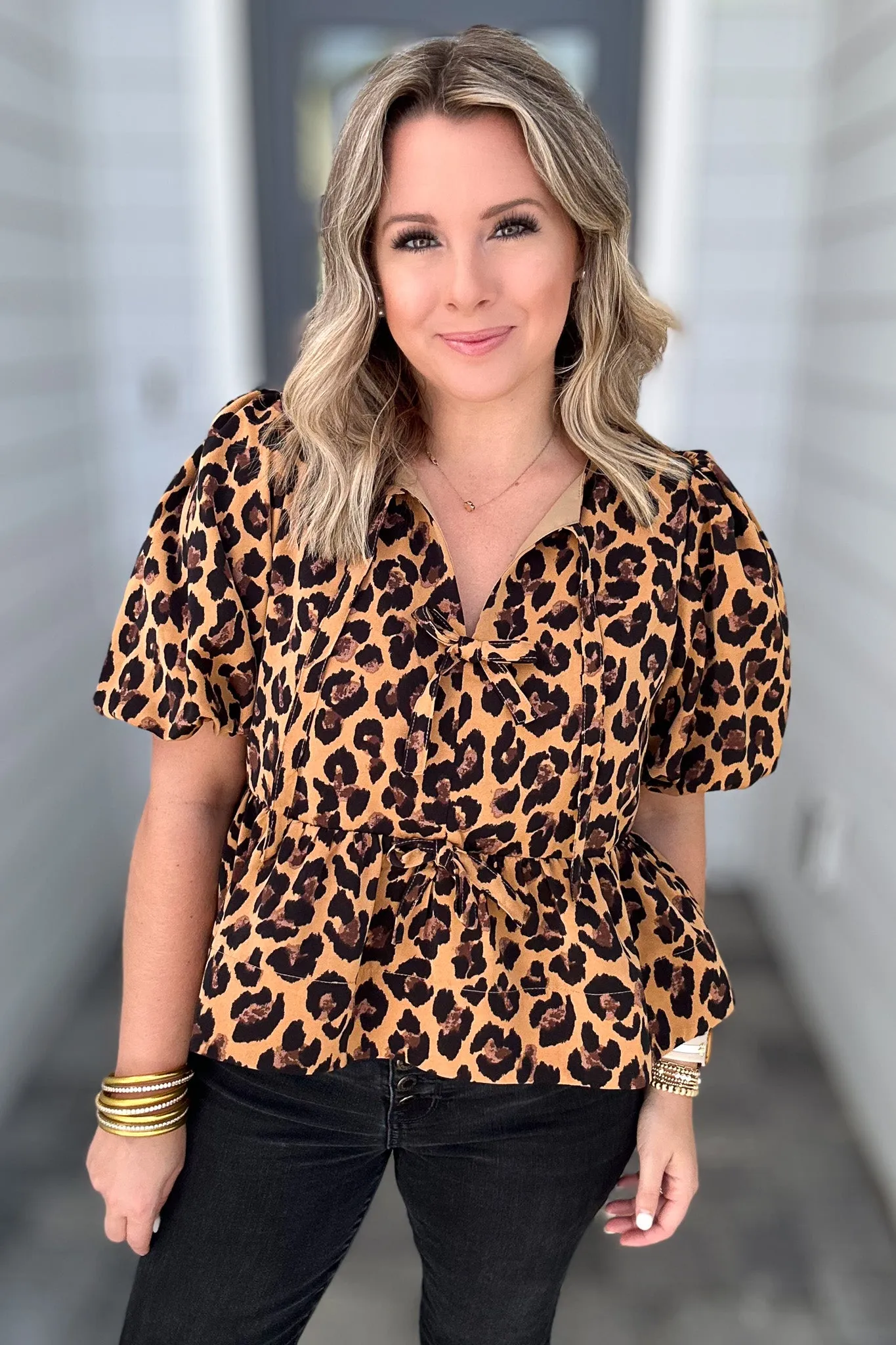 Fierce Feline Bow Blouse - Camel