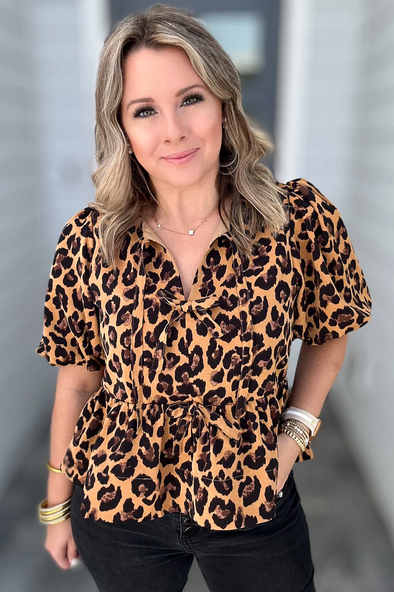 Fierce Feline Bow Blouse - Camel