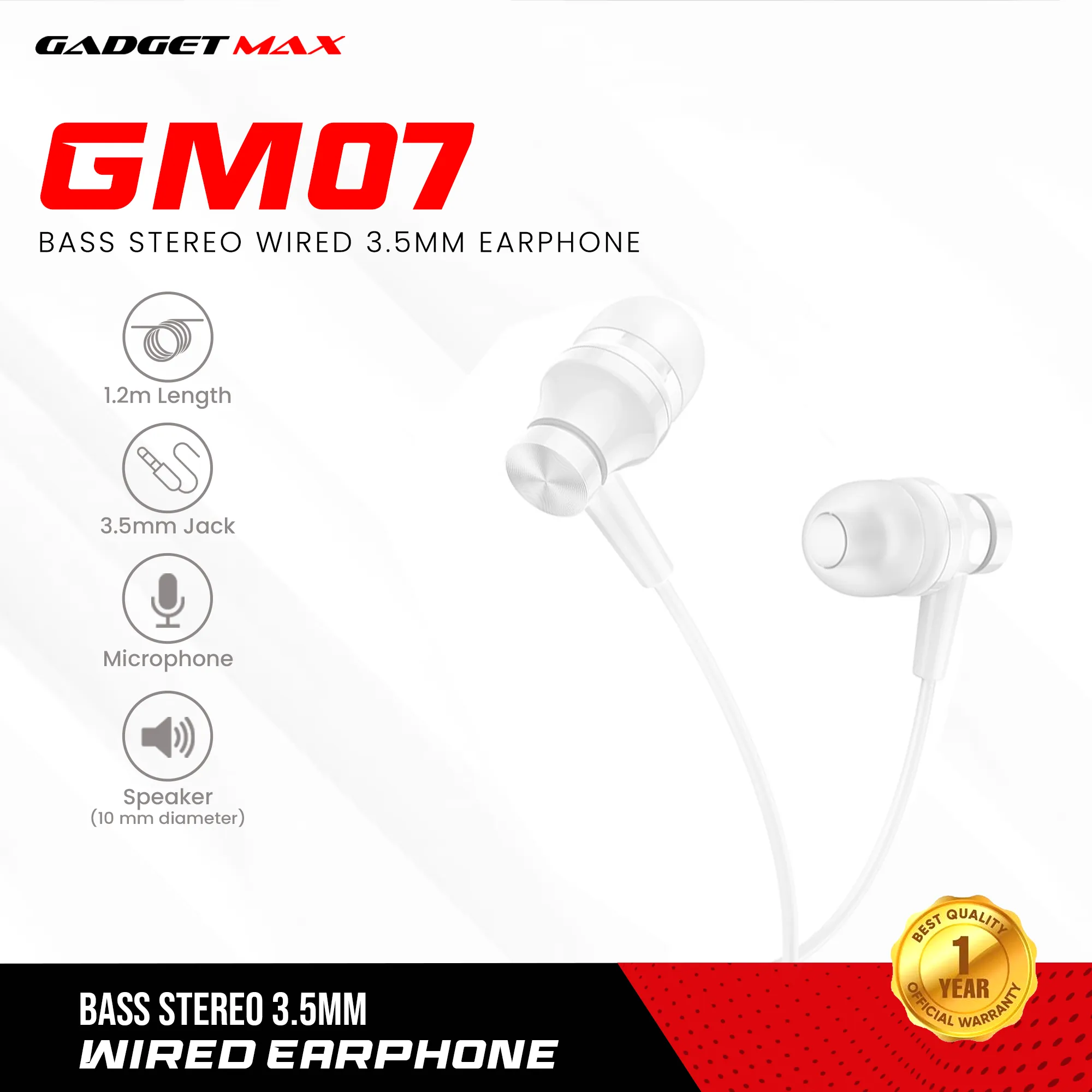 Gadget Max GM07 Wired Earphones with Mic - High Bass Stereo, 3.5mm Jack, 1.2M Cable - White