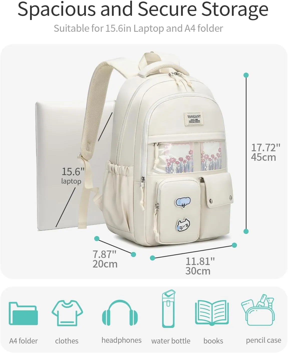 Girls Backpack for School, Cute Teens Bookbag Large Capacity for Middle High School College Women Laptop Backpack with Accessories, Beige