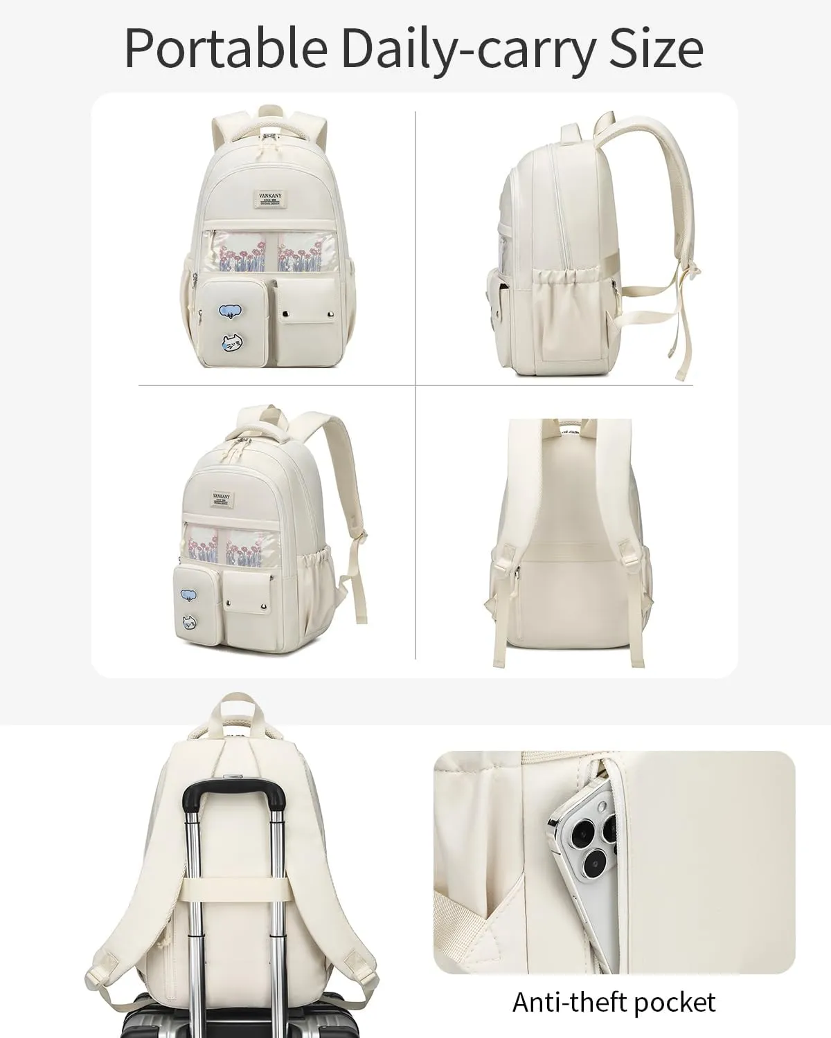 Girls Backpack for School, Cute Teens Bookbag Large Capacity for Middle High School College Women Laptop Backpack with Accessories, Beige