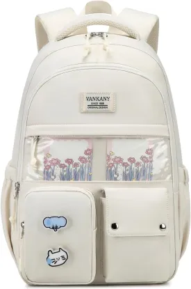 Girls Backpack for School, Cute Teens Bookbag Large Capacity for Middle High School College Women Laptop Backpack with Accessories, Beige