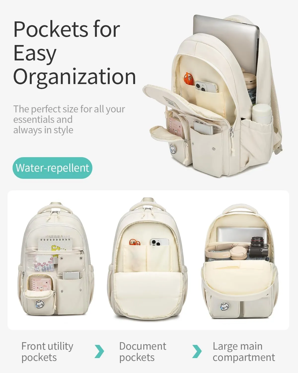 Girls Backpack for School, Cute Teens Bookbag Large Capacity for Middle High School College Women Laptop Backpack with Accessories, Beige