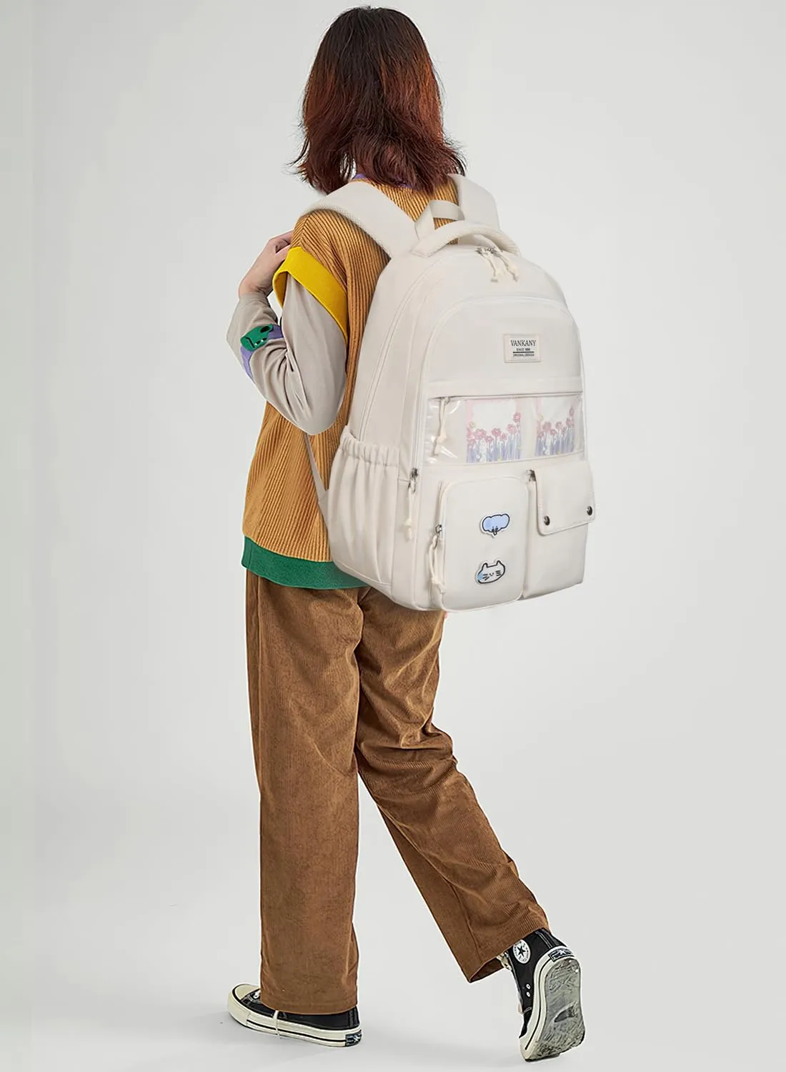 Girls Backpack for School, Cute Teens Bookbag Large Capacity for Middle High School College Women Laptop Backpack with Accessories, Beige
