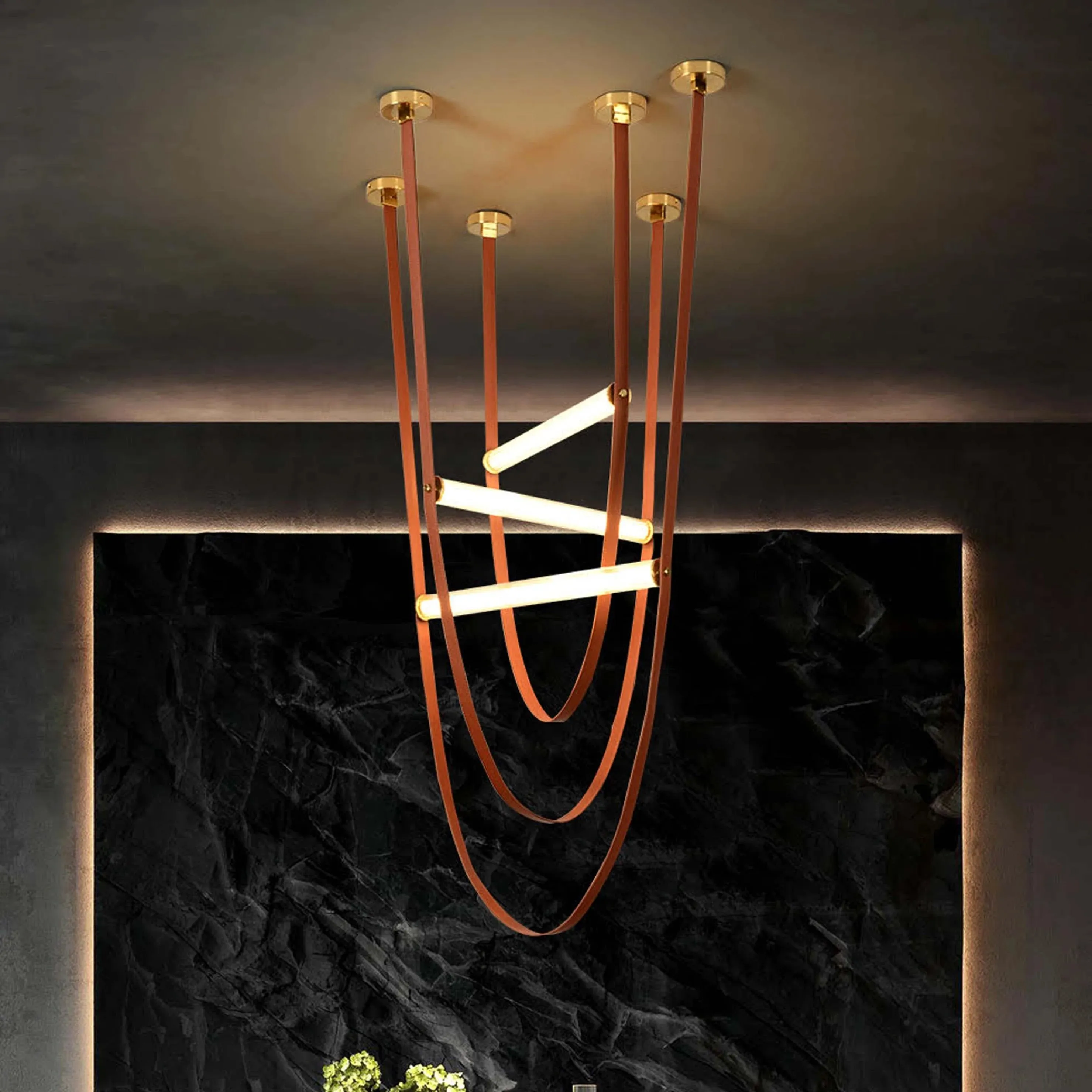 Glass Tube Italian Postmodern Design Leather Belt Long Chandelier