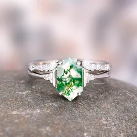 Hexagon Green Moss Agate Ring Set- 925 Sterling Silver