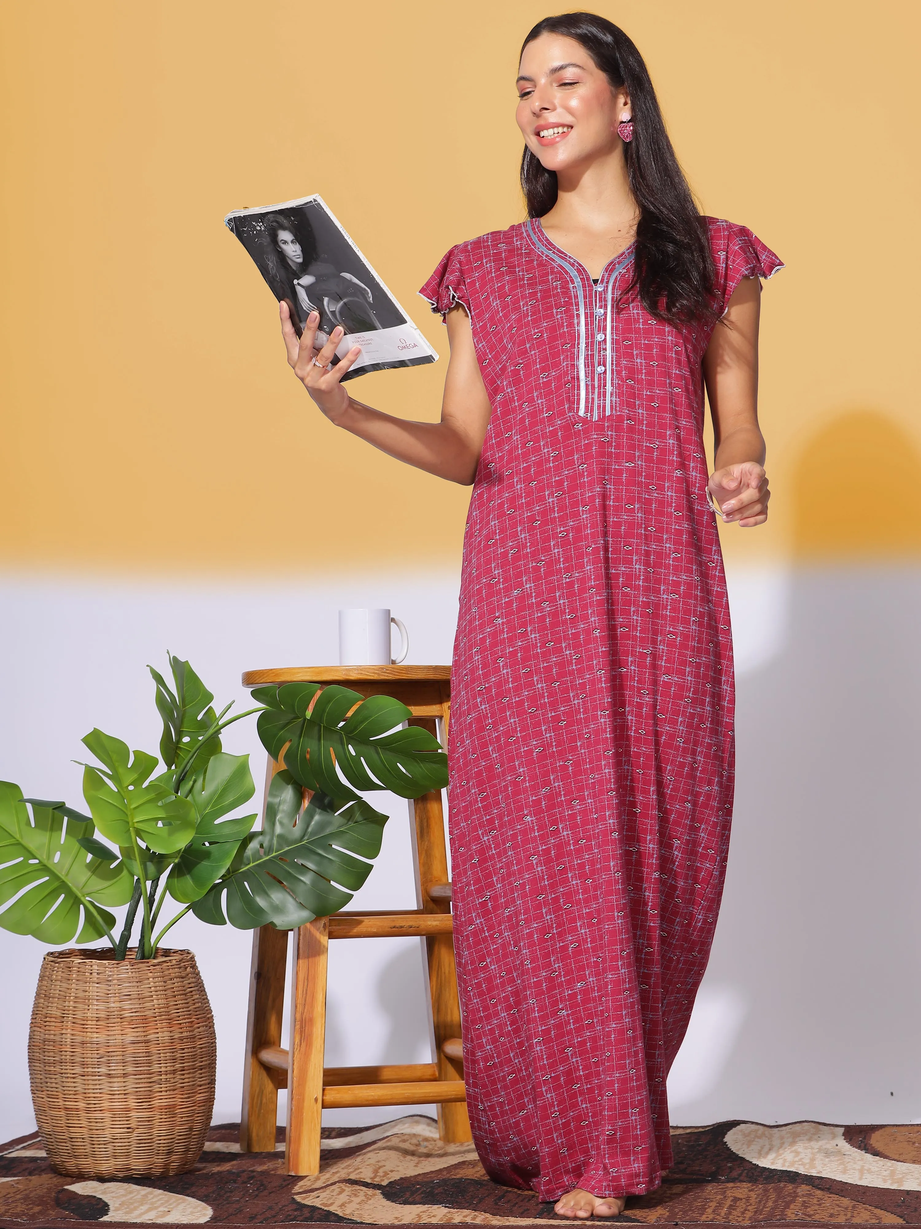 Hosiery Cotton Designer Red Maxi Nighty